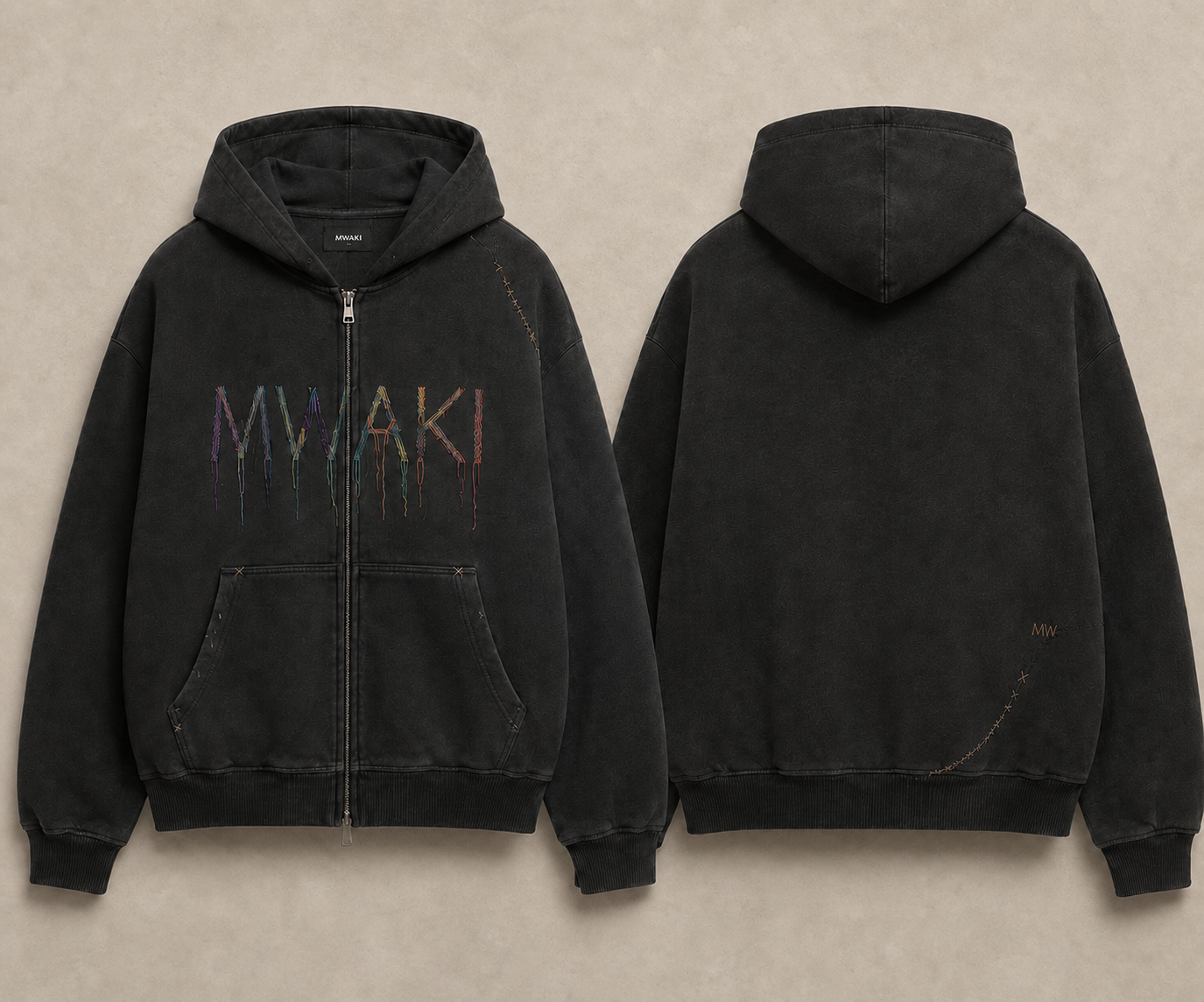MWAKI Spectrum Zip Hoodie front and back on a warm stone background